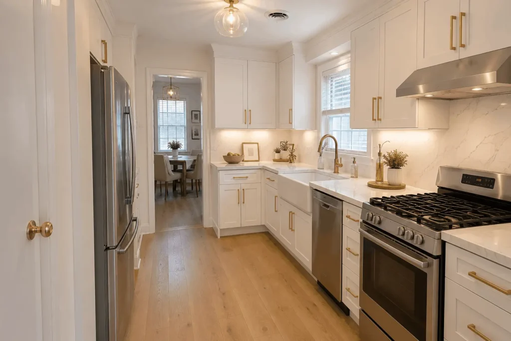 Modern kitchen remodel featuring custom cabinets, quartz countertops, premium appliances, and elegant finishes in Houston.