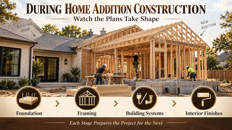 Home addition construction showing foundation framing and building systems