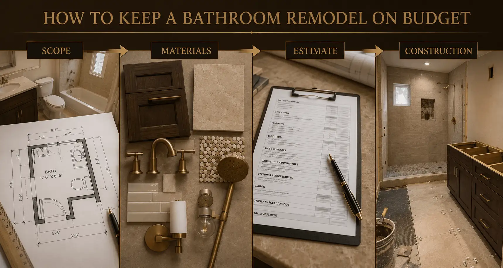 Bathroom remodel budget planning with materials, project scope and contractor estimate