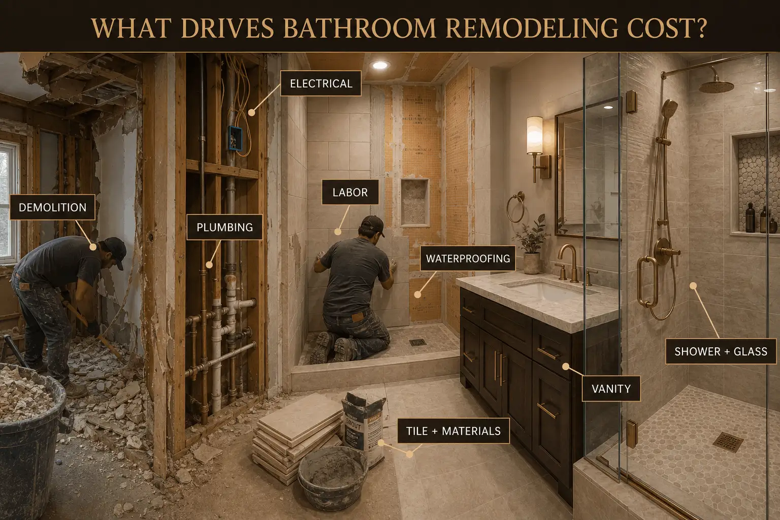 Bathroom remodeling cost drivers including labor, demolition, plumbing, electrical and materials