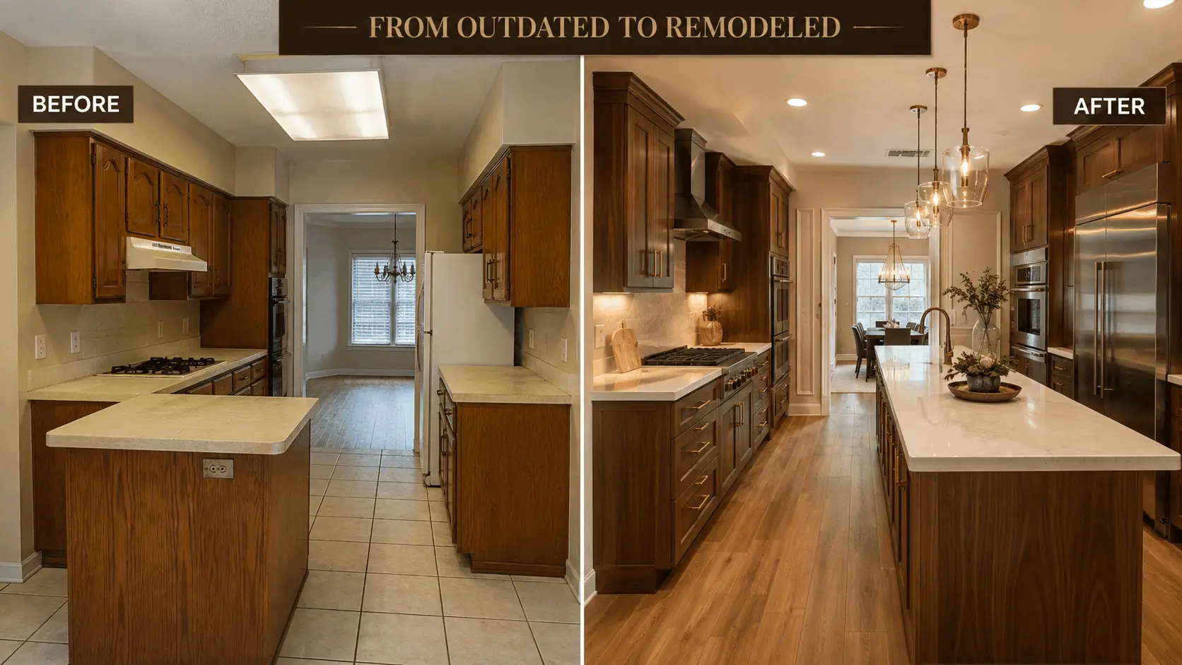 home remodeling before and after showing an outdated interior transformed into a modern space