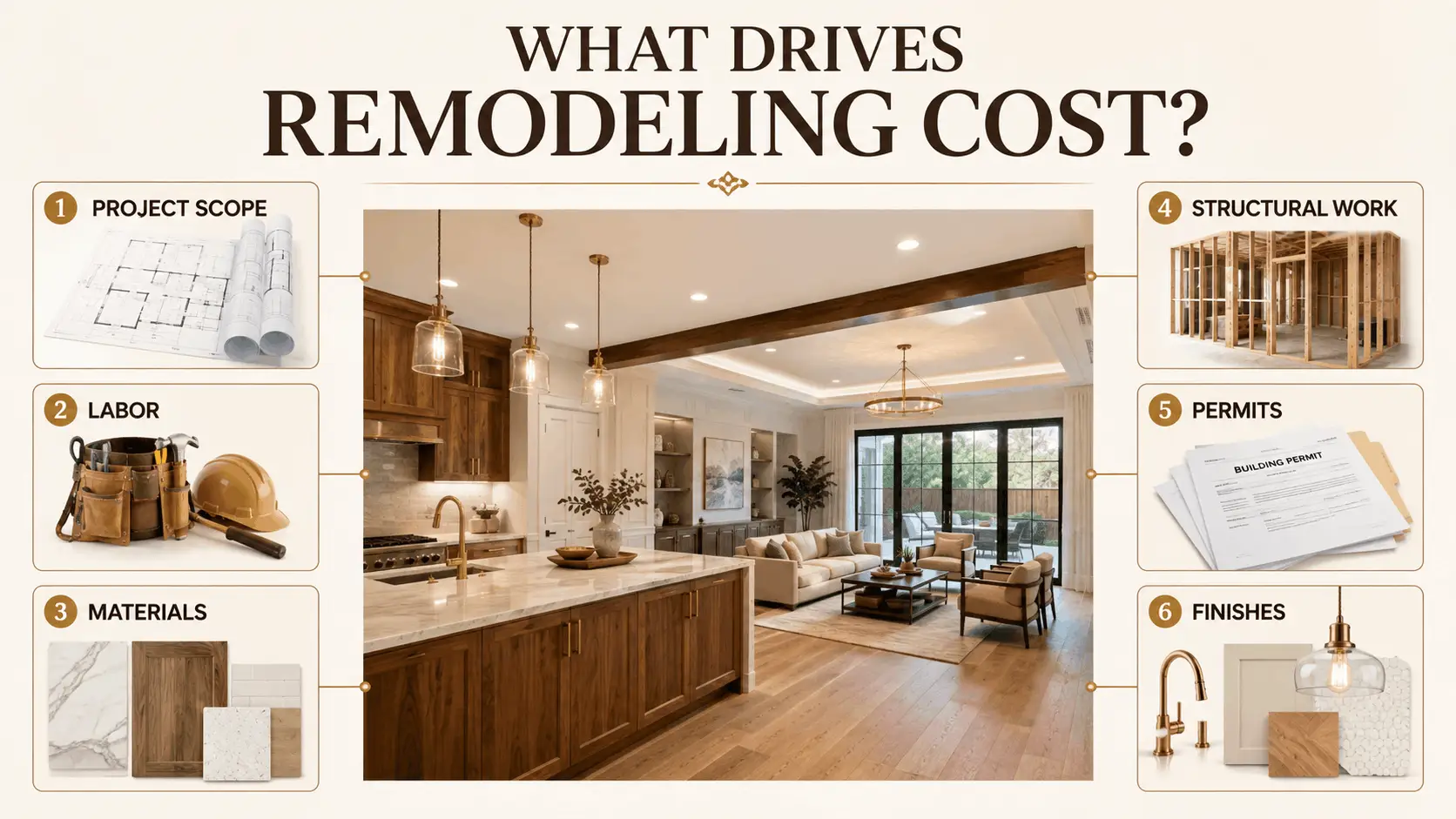 home remodeling cost factors including scope, labor, materials, structural work, permits, and finishes