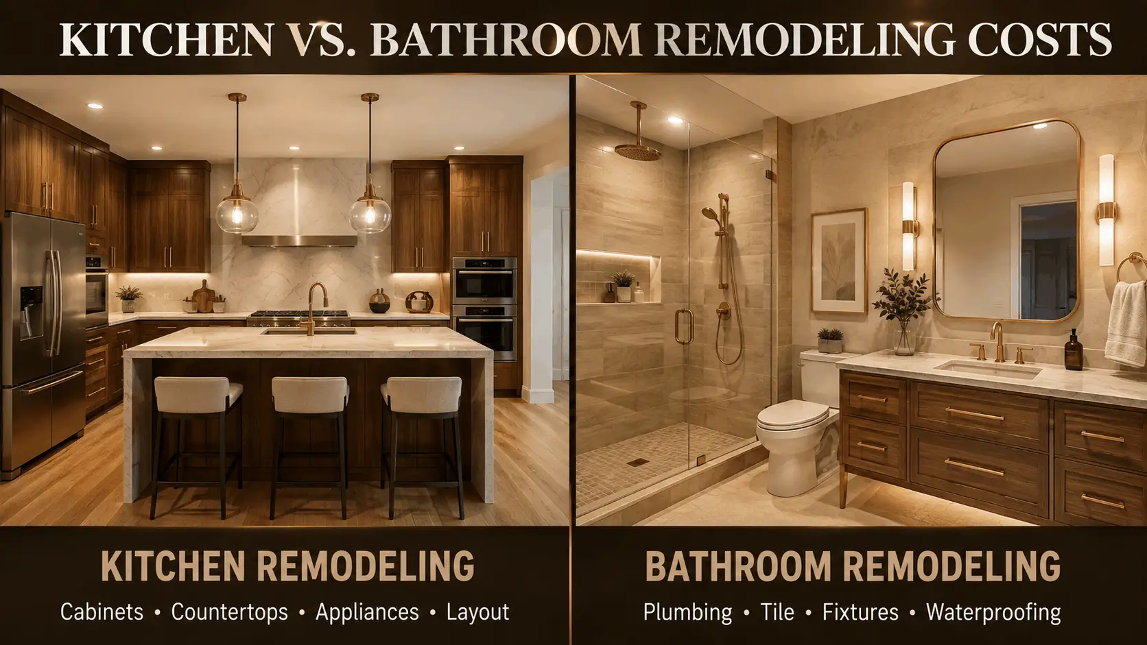 Kitchen and bathroom remodeling comparison showing different renovation work and materials