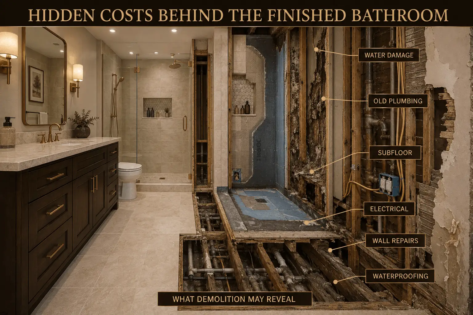 Hidden bathroom remodeling costs from water damage, old plumbing, electrical and subfloor repairs