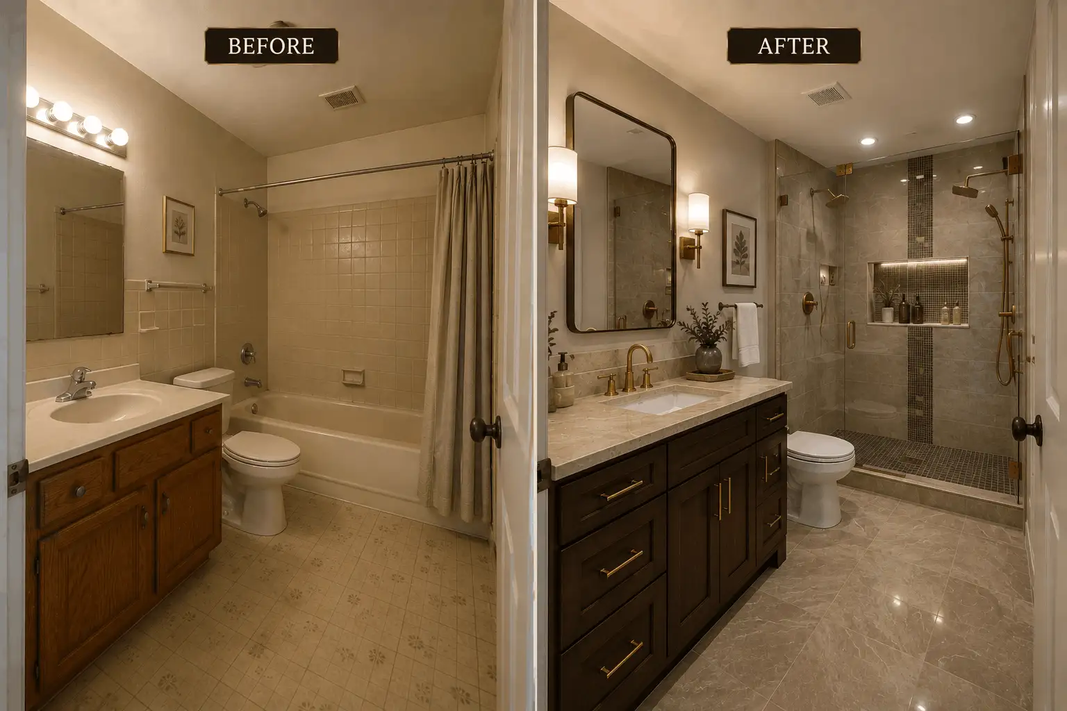 Before and after Houston bathroom remodeling transformation
