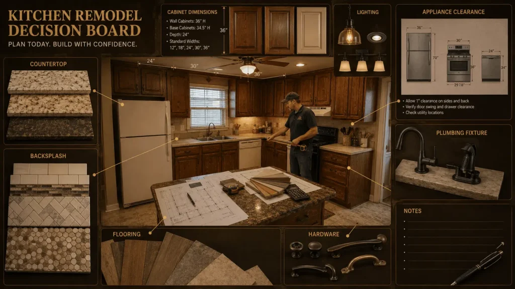 Kitchen remodeling planning with cabinet, appliance, countertop, backsplash, flooring, and hardware selections
