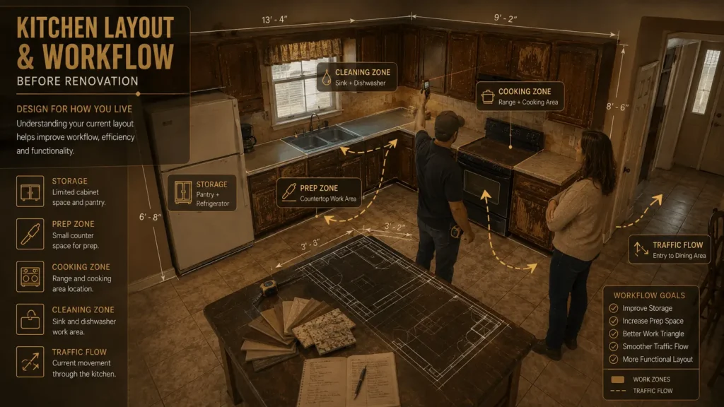 Kitchen layout planning showing workflow between the refrigerator, sink, dishwasher, preparation area, and cooking zone