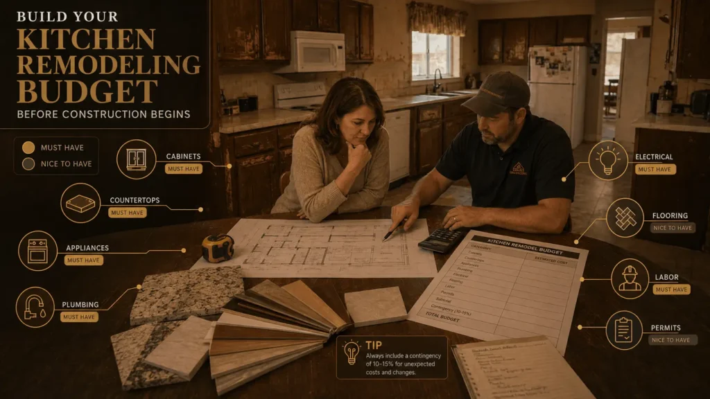 Homeowner and contractor planning a kitchen remodeling budget for cabinets, countertops, appliances, plumbing, electrical, and labor