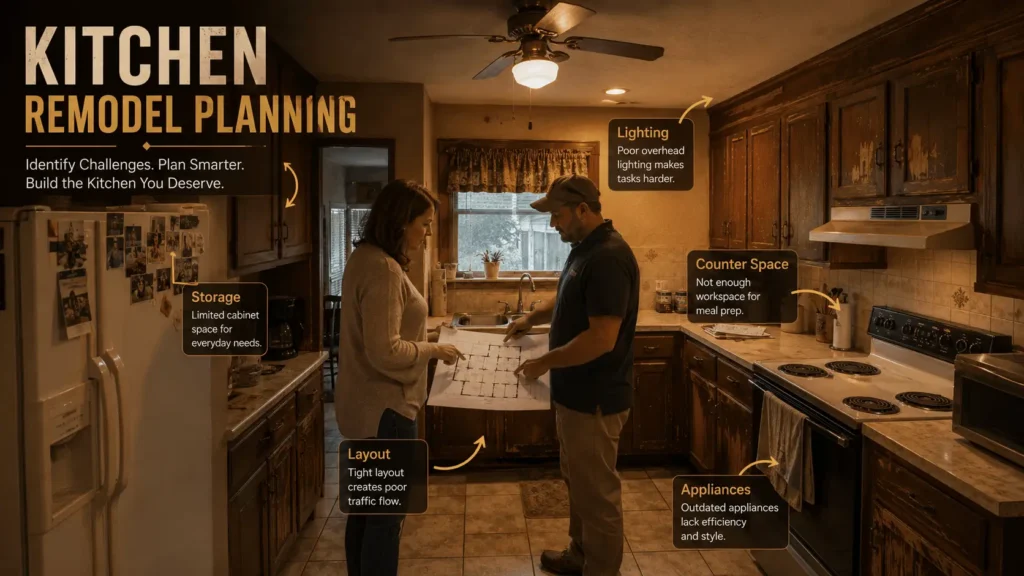 Kitchen remodel planning with a homeowner and contractor identifying storage, layout, appliance, and lighting problems