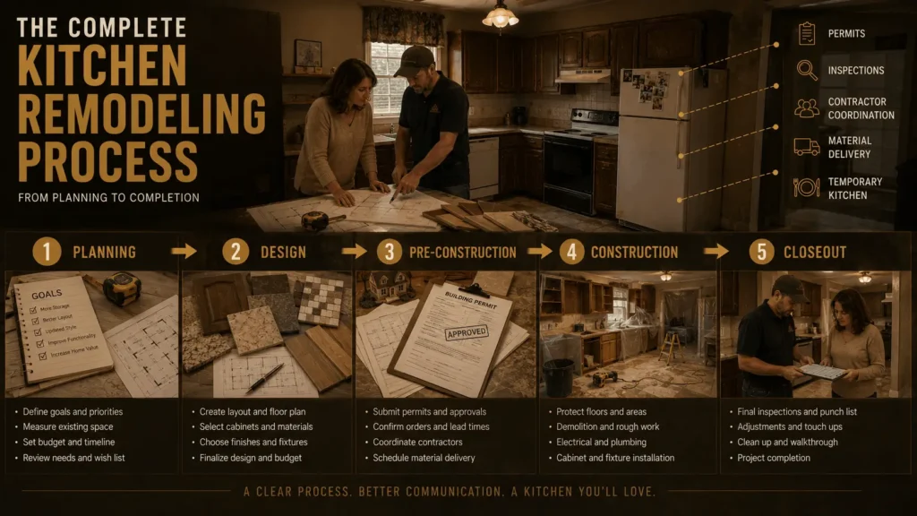 Kitchen remodel timeline showing planning, design, permits, construction, contractor coordination, and project closeout