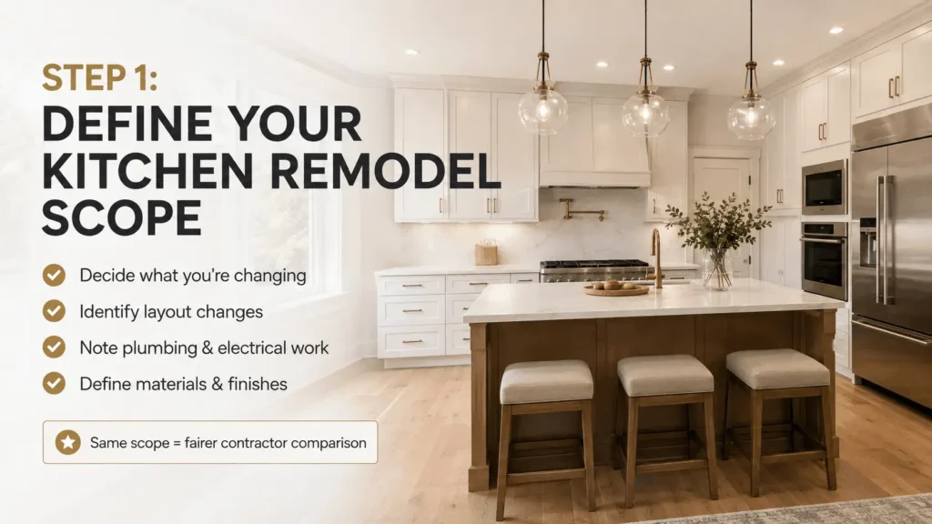 Step 1 infographic explaining how to define a kitchen remodel scope