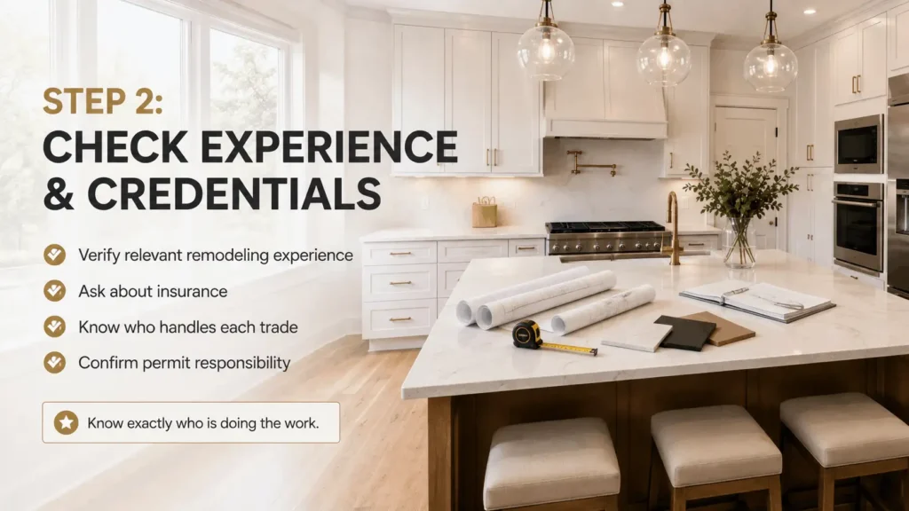 Step 2 infographic showing how to check kitchen remodeling experience and credentials