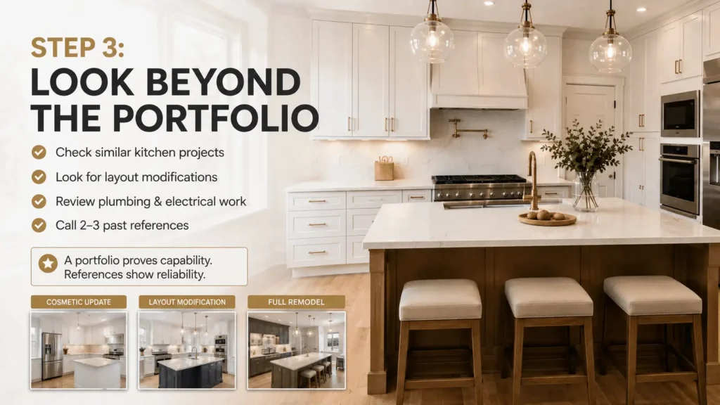 Step 3 infographic explaining how to review kitchen remodeling projects and references