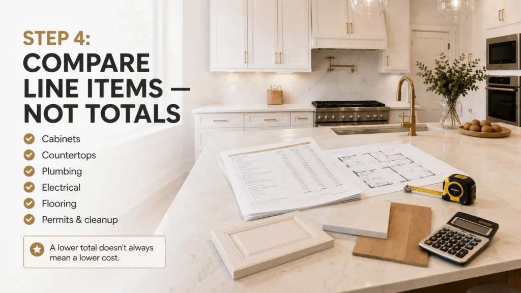 Step 4 infographic showing how to compare kitchen remodeling estimate line items