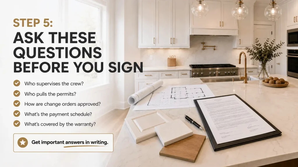Step 5 infographic listing questions to ask before signing a kitchen remodeling contract