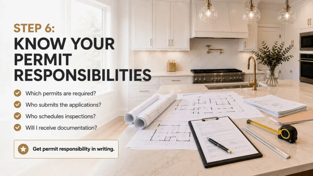 Step 6 infographic explaining kitchen remodeling permit responsibilities